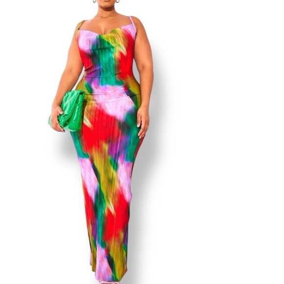Pretty Little Things Pleated Maxi Dress Womens Size 14 Watercolor Abstract - Picture 1 of 14